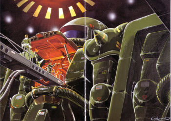 1970s_(style) 1980s_(style) 2boys absurdres cable cockpit damaged dirty engineer gundam hangar hat helmet highres magazine_scan mecha mecha_pilot_suit military military_uniform mobile_suit mobile_suit_gundam multiple_boys normal_suit_(gundam) official_art oldschool ookawara_kunio production_art promotional_art realistic retro_artstyle robot scan science_fiction shield shoulder_spikes signature spacesuit spikes traditional_media zaku_ii zeon