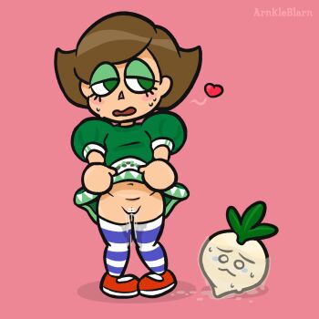 1girl after_insertion alternate_color animal_crossing arnkleblarn bar_censor blush brown_hair censored clothes_lift dress dress_lift embarrassed flat_chest food green_dress green_eyes heart highres loli looking_to_the_side mary_janes navel nintendo no_panties open_mouth pink_background player_2 puffy_sleeves pussy pussy_juice red_shoes shoes short_hair short_sleeves standing striped_clothes striped_thighhighs super_smash_bros. sweat thighhighs turnip villager_(animal_crossing) wet wet_clothes white_thighhighs