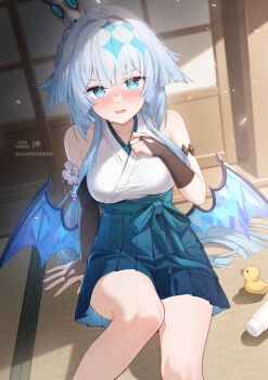 1girl alternate_costume aqua_eyes aqua_skirt bare_shoulders black_bridal_gauntlets blue_hakama blush breasts bridal_gauntlets cerydra_(honkai:_star_rail) commentary_request crown feet_out_of_frame grey_hair hakama hakama_skirt highres honkai:_star_rail honkai_(series) japanese_clothes kimono large_breasts long_hair looking_at_viewer low_wings nose_blush open_mouth paid_reward_available partial_commentary rubber_duck shrimp_cake sitting skirt sleeveless sleeveless_kimono solo sweatdrop twitter_username very_long_hair white_kimono wings