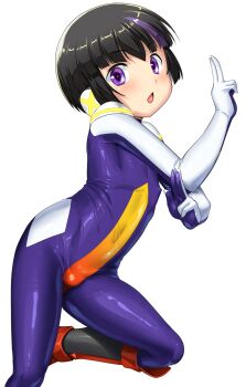 1boy black_hair bodysuit bulge covered_erect_nipples covered_navel fighting_stance highres male_focus multicolored_hair open_mouth purple_bodysuit purple_eyes purple_hair shinkalion_(series) shinkansen_henkei_robo_shinkalion shiny_clothes short_hair shota simple_background solo streaked_hair takase_yuu tsukiyama_shinobu white_background