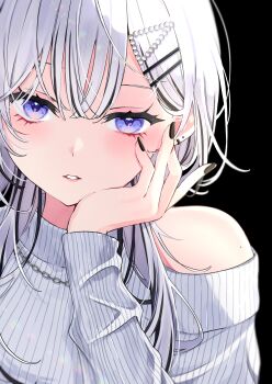 Rule 34 | 1girl, absurdres, bare shoulders, black hair, black nails, blue eyes, blush, clothing cutout, commentary, earrings, english commentary, hair ornament, hairclip, head rest, highres, jewelry, long hair, long sleeves, looking at viewer, multicolored hair, necklace, nekotora (nekotora0116), original, parted lips, purple eyes, shoulder cutout, solo, sweater, two-tone hair, upper body, white hair, white sweater