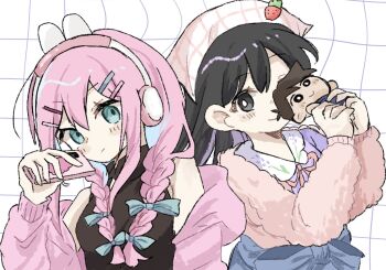 Rule 34 | 2girls, animal ear headphones, animal ears, armpit crease, aubrey (birthday) (omori), aubrey (faraway) (omori), aubrey (omori), back-to-back, bare shoulders, black eyes, black hair, black shirt, blue bow, blue eyes, blue hair, blue hakama, bow, braid, breasts, bright pupils, cardigan, cardigan partially removed, character doll, closed mouth, clothing cutout, collared shirt, colored inner hair, commentary, doll, dot nose, double-parted bangs, expressionless, fake animal ears, fur jacket, grid background, hair behind ear, hair between eyes, hair bow, hair ornament, hair over shoulder, hairclip, hakama, hand up, hands up, headphones, headscarf, hero (faraway) (omori), hero (omori), highres, holding, holding doll, holding phone, jacket, japanese clothes, light frown, long sleeves, low twin braids, mari (birthday) (omori), mari (faraway) (omori), mari (omori), multicolored hair, multiple girls, neck ribbon, official alternate costume, official alternate hairstyle, okameeomo, omori, open cardigan, open clothes, orange ribbon, parallel hairclips, phone, pink cardigan, pink hair, pink jacket, puffy long sleeves, puffy sleeves, purple hair, purple shirt, rabbit ear headphones, rabbit ears, ribbon, shirt, sidelocks, simple background, sleeveless, sleeveless shirt, sleeveless turtleneck, small breasts, smile, straight hair, strawberry hat ornament, tareme, turtleneck, turtleneck shirt, twin braids, two-tone hair, untranslatable commentary, upper body, white background, white headscarf, white pupils