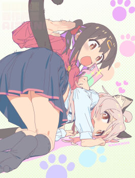 Rule 34 | 2girls, ahoge, all fours, animal ear fluff, animal ears, ass, black hair, black skirt, black socks, blush, bolo tie, brown eyes, cat ears, cat tail, cellphone, commentary request, fang, grey hair, hair ornament, hair ribbon, hairclip, heart, highres, holding, holding phone, long hair, long sleeves, matado (almukha), medium hair, motion lines, multicolored hair, multiple girls, no shoes, onii-chan wa oshimai!, open mouth, oyama mahiro, oyama mihari, paw print, paw print background, phone, pink hair, pleated skirt, polka dot, polka dot background, purple hair, red ribbon, red shirt, ribbon, school uniform, shirt, siblings, sisters, skirt, smartphone, socks, streaked hair, suspender skirt, suspenders, tail, tail raised, twitter username, white shirt