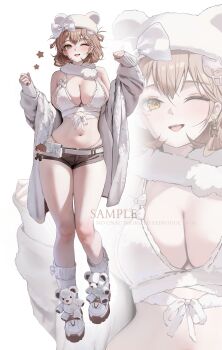 1girl absurdres anis_(nikke) bare_shoulders belt breasts brown_eyes brown_hair brown_shorts cleavage commander_(nikke) commentary_request crop_top english_text full_body fur_collar fur_jacket goddess_of_victory:_nikke hat highleg highres jacket kneehighs korean_commentary large_breasts long_sleeves looking_at_viewer medium_hair micro_shorts midriff navel off_shoulder one_eye_closed open_clothes open_jacket open_mouth panty_straps shirt shoes short_shorts shorts simple_background sleeveless sleeveless_shirt smile socks solo star_(symbol) stomach stuffed_animal stuffed_toy teddy_bear thighs uyuri_(89976220) white_background white_hat white_jacket white_shirt white_shoes white_socks zoom_layer