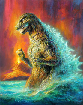 Rule 34 | bob eggleton, dinosaur, energy, epic, eruption, explosion, glowing, glowing mouth, glowing spikes, godzilla, godzilla (series), kaiju, lava, no humans, ocean, plasma, sea monster, swimming, the return of godzilla, toho, volcano, water, waves