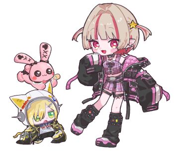 1boy 1girl animal_ear_helmet animal_ears animal_helmet arm_belt belt belt_buckle black_belt black_collar black_jacket black_leg_warmers black_leggings black_shorts black_straps blonde_hair blunt_bangs blush_stickers boots buckle cat_ears chain chain_necklace chibi collar collarbone colored_inner_hair crop_top cross-laced_clothes cross-laced_top debitto_(makaino_ririmu) deformed ear_cuffs fake_animal_ears fang flame_print food_print fruit_print full_body green_eyes grey_hair hair_intakes hair_ornament hair_over_one_eye hairclip hand_to_own_mouth hashtag-only_commentary heart heart_print helmet highres hood hoodie jacket jewelry lapels leg_belt leg_tattoo leg_warmers leggings lightning_bolt_print looking_at_viewer loose_belt makaino_ririmu makaino_ririmu_(6th_costume) midriff miniskirt multicolored_hair multiple_belts necklace nijisanji no_headwear notched_lapels o-ring o-ring_collar o-ring_thigh_strap open_clothes open_jacket open_mouth pendant pink_belt pink_hair pink_jacket pink_shoes pink_skirt pink_streaks plaid_clothes plaid_skirt pleated_skirt pocket pointy_ears pooop_hrsz print_hoodie red_eyes shoes short_hair shorts simple_background skirt sleeves_past_fingers sleeves_past_wrists smile space_helmet spiked_collar spikes standing standing_on_one_leg star_(symbol) star_hair_ornament sticker strawberry_print streaked_hair studded_belt stuffed_animal stuffed_rabbit stuffed_toy tattoo thigh_strap torn_clothes torn_leggings two-sided_fabric two-sided_jacket two-tone_hair two_side_up unbuttoned unzipped uzuki_kou uzuki_kou_(5th_costume) virtual_youtuber white_background white_helmet white_hoodie winged_heart winged_heart_tattoo wolf_cut yellow_boots yellow_trim zipper_top