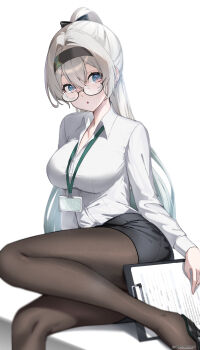 Rule 34 | 1girl, absurdres, alphaart, alternate costume, black hairband, black pantyhose, black skirt, clipboard, firefly (honkai: star rail), formal clothes, gradient eyes, gradient hair, grey hair, hair intakes, hairband, highres, honkai: star rail, honkai (series), multicolored eyes, multicolored hair, office lady, pantyhose, paper, pencil skirt, shirt, shirt tucked in, skirt, solo, two-tone eyes, white shirt