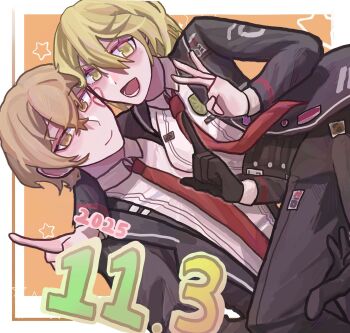 1boy 1girl black_gloves black_suit collared_shirt couple cowboy_shot dated don_quixote_(project_moon) formal_clothes gloves hair_between_eyes heart hetero highres lifting_person limbus_company looking_at_viewer meng_luoo necktie open_mouth project_moon red_necktie shirt short_hair sinclair_(project_moon) smile suit v white_shirt yellow_eyes