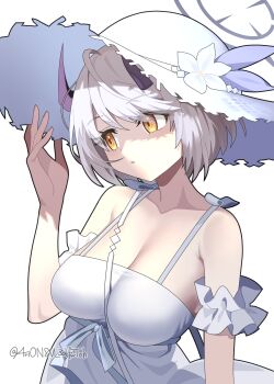 1girl 4rion absurdres bare_shoulders blue_archive breasts cleavage collarbone commentary demon_girl demon_horns dress flower grey_halo halo hand_up hat hat_flower highres horns large_breasts looking_to_the_side official_alternate_costume sena_(blue_archive) sena_(casual)_(blue_archive) short_hair solo sun_hat sundress swept_bangs twitter_username upper_body white_dress white_flower white_hair white_hat yellow_eyes