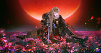 1boy 1girl absurdres armlet bell_sleeves black_coat black_dress black_footwear black_gloves black_hair black_pants black_pantyhose black_shirt blonde_hair blue_eyes blue_flower blue_gemstone boots closed_eyes closed_mouth coat cradling_head dress earclip earrings expressionless falling_petals feather_trim field flower flower_field forget-me-not_(flower) full_body full_moon gem gloves hair_slicked_back half_updo highres holding holding_sword holding_weapon jewelry knee_up lapels lips long_hair long_sleeves looking_at_another love_and_deepspace moon night night_sky notched_lapels on_grass outdoors pants pantyhose petals pink_flower planted planted_sword planted_weapon profile protagonist_(love_and_deepspace) red_moon red_ribbon red_shirt ribbon see-through_clothes see-through_dress shirt shoe_soles shoulder_guard single_earring sitting sky star_(symbol) sword tassel tassel_earrings thigh_boots thigh_strap weapon wispy_bangs xavier_(love_and_deepspace) xiao_yunye