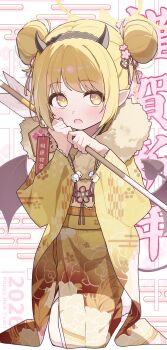 1girl absurdres arrow_(projectile) black_hairband black_horns black_tail black_wings blonde_hair blue_archive blush commentary_request demon_horns demon_tail demon_wings double_bun hair_bun hairband halo hamaya hands_up highres holding holding_arrow horns ibuki_(blue_archive) japanese_clothes kimono kneeling looking_at_viewer obi open_mouth pointy_ears sash short_hair solo tail toki_kimagure wings yagasuri yellow_eyes yellow_halo yellow_kimono