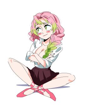 1girl ballet_slippers black_skirt blush_stickers braid breasts cleavage collarbone commentary crossed_arms full_body green_eyes green_hair hashtag-only_commentary highres indian_style kanroji_mitsuri kimetsu_no_yaiba long_hair looking_to_the_side mole mole_under_each_eye mole_under_eye multicolored_hair multiple_moles pink_hair pink_shoes pleated_skirt shirt shoes simple_background sitting skirt solo soyeonp19 two-tone_hair white_background white_shirt
