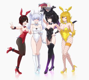 4girls ahoge alternate_hairstyle animal_ears bare_shoulders black_bow black_bowtie black_footwear black_hair blake_belladonna blonde_hair blowing_kiss blue_eyes blush bow bowtie breasts cleavage collar collarbone detached_collar fake_animal_ears fishnet_pantyhose fishnets garter_belt garter_straps gradient_hair grey_eyes hair_ornament hand_on_own_arm hand_on_own_hip hand_up high_heels highleg highleg_leotard highres holding holding_own_arm holding_tray jewelry kneehighs large_breasts leotard long_hair looking_at_viewer medium_breasts multicolored_hair multiple_girls necklace one_eye_closed open_mouth pantyhose playboy_bunny ponytail purple_eyes purple_hair rabbit_ears rabbit_tail red_bow red_bowtie red_footwear red_hair ruby_rose rwby ryoha_kosako scar scar_across_eye scar_on_face shoes short_hair shrugging small_breasts socks standing standing_on_one_leg strapless strapless_leotard tail thighhighs thighs tray twintails v very_long_hair weiss_schnee white_background white_bow white_bowtie white_footwear white_hair white_socks wrist_cuffs yang_xiao_long yellow_bow yellow_bowtie yellow_eyes yellow_shoes