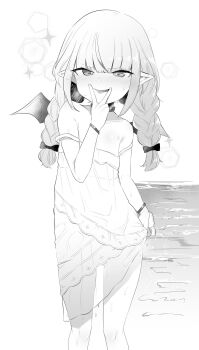 1girl bare_shoulders beach belt_collar blush bow bracelet braid collar cunnilingus_gesture dress feet_out_of_frame female_focus flat_chest greyscale hair_bow highres jewelry loli long_hair looking_at_viewer makaino_ririmu makaino_ririmu_(3rd_costume) monochrome nijisanji ocean outdoors pussy pussy_peek smile solo spread_lips standing strap_slip tongue tongue_out twin_braids utsusumi_kio virtual_youtuber