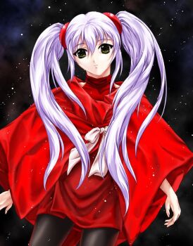1girl bare_shoulders black_pantyhose bow closed_mouth cowboy_shot dress hair_between_eyes hair_ornament hoshino_ruri igarashi_kei kidou_senkan_nadesico long_hair night night_sky pantyhose poncho red_dress red_poncho sidelocks sky solo sphere_hair_ornament star_(sky) starry_sky turtleneck turtleneck_dress twintails white_bow white_hair yellow_eyes