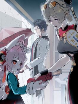 1boy 2girls absurdres accessories animal_ear_fluff animal_ears artist_name black_dress black_gloves black_hair blonde_hair breasts bright_pupils china_dress chinese_clothes closed_mouth clothing_cutout damian_blackwood dress eye_contact eyewear_on_head feet_out_of_frame fingerless_gloves from_side furry furry_female galaxysilver giving gloves green_eyes hand_fan hashtag-only_commentary highres holding holding_fan holding_umbrella jacket leaning_forward long_hair looking_at_another medium_breasts multiple_girls open_mouth orange-tinted_eyewear pants pink_fur pink_hair purple_eyes rabbit_ears rabbit_girl rain red_eyes red_umbrella screw short_eyebrows single_fingerless_glove sunglasses sweety_(zenless_zone_zero) thick_eyebrows tinted_eyewear tuanshan twintails umbrella underboob_cutout upper_body white_jacket white_pants white_pupils zenless_zone_zero zhao_(zenless_zone_zero)