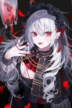 Rule 34 | 1girl, black background, black capelet, black hairband, black ribbon, black sweater, blood, blood bag, breasts, capelet, cleavage, commentary, cross, cross-shaped pupils, cross earrings, dot nose, earrings, fangs, fingernails, frilled hairband, frills, hair between eyes, hairband, hand up, highres, jewelry, kuzuha (nijisanji), large breasts, long hair, long sleeves, looking at viewer, mole, mole under eye, nijisanji, red eyes, red nails, ribbon, rice (rice8p), sanya (kuzuha), solo, sweater, symbol-shaped pupils, teeth, tongue, tongue out, upper body, upper teeth only, vampire, virtual youtuber