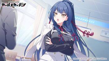 2girls black_shirt blue_hair chalkboard classroom copyright_logo copyright_name copyright_notice crossed_arms curtains hair_ribbon high_ponytail ikoma_aoi_(muv-luv) indoors jacket jacket_on_shoulders logo long_hair multiple_girls muv-luv muv-luv_girls_garden official_art open_mouth ponytail red_ribbon ribbon shirt skirt white_jacket white_skirt window yellow_eyes yon44141