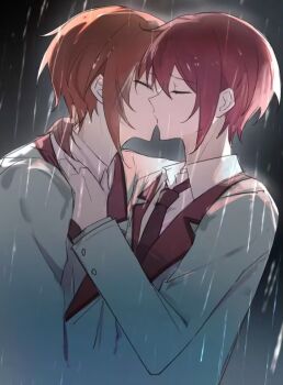 2boys blazer buttons closed_eyes collared_shirt ensemble_stars! hand_on_another's_neck hug jacket kiss lishu56251640 low-tied_medium_hair low_side_ponytail male_focus medium_hair multiple_boys necktie orange_hair outdoors profile rain red_hair school_uniform shirt short_hair sidelocks suou_tsukasa tsukinaga_leo white_shirt yaoi