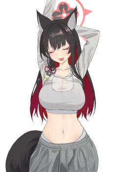 1girl absurdres alternate_costume animal_ear_fluff animal_ears arms_behind_head black_hair blue_archive blush breasts cleavage colored_inner_hair commentary drachsss fang fox_ears fox_girl fox_tail grey_pants grey_shirt halo highres large_breasts multicolored_hair navel open_mouth pants red_hair red_halo see-through_cleavage see-through_clothes shirt skin_fang solo stomach tail two-tone_hair wakamo_(blue_archive)
