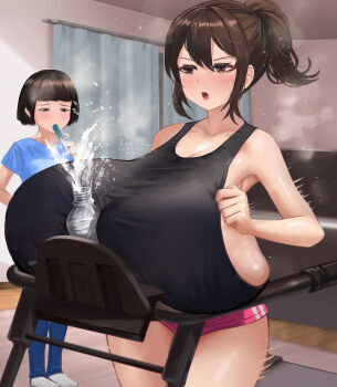 2girls absurdres bare_shoulders between_breasts black_eyes black_hair black_shirt blue_curtain blush bottle_between_breasts breast_rest breasts collarbone exercising female_focus food food_in_mouth gigantic_breasts highres holding holding_food holding_popsicle indoors masamasa matching_hair/eyes motion_lines multiple_girls open_mouth original pink_shoes ponytail popsicle popsicle_in_mouth running shirt shoes short_ponytail skindentation solo_focus standing water