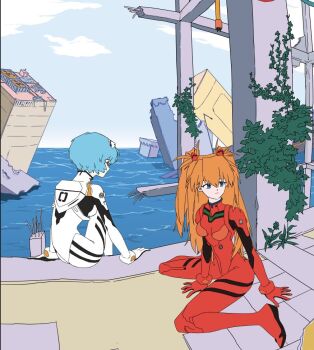 2girls arm_support ayanami_rei blue_eyes blue_hair flood hair_between_eyes interface_headset_(evangelion) kneeling long_hair mecha_pilot_suit multiple_girls neon_genesis_evangelion overgrown plugsuit_(evangelion) red_eyes red_hair ruins sarissa_art short_hair sitting souryuu_asuka_langley wreckage