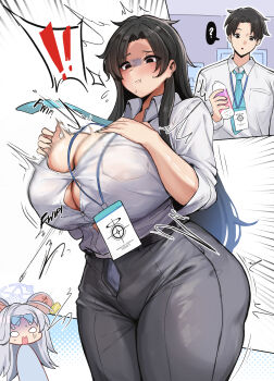 1boy 2girls absurdres black_eyes black_hair black_pants blue_archive blue_necktie breast_expansion breasts bursting_breasts button_gap genderswap genderswap_(mtf) highres huge_breasts id_card long_hair minori_(user_eket5233) motion_lines multiple_girls necktie nezusuke_(blue_archive) pants popped_button sensei_(blue_archive) shiny_skin shirt standing thick_thighs thighs white_background white_shirt wide_hips