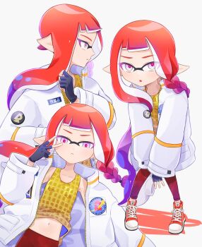 1girl bare_shoulders braid commentary_request fingerless_gloves gloves gradient_hair highres inkling inkling_girl inkling_player_character jacket leggings long_hair multicolored_hair multiple_views nintendo orange_hair orange_shoes pink_eyes pointy_ears psya_ma purple_hair red_leggings shoes simple_background solo splatoon_(series) standing tentacle_hair very_long_hair white_background white_jacket