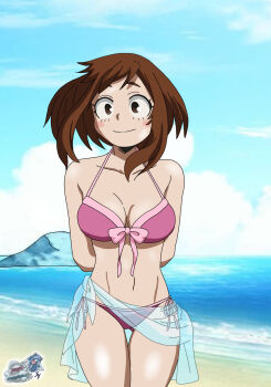 1girl beach boku_no_hero_academia breasts brown_hair jetga large_breasts short_hair smile swimsuit uraraka_ochako