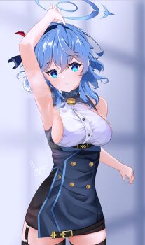1girl absurdres ako_(blue_archive) arm_up armpits bell black_hairband black_thighhighs blue_archive blue_eyes blue_hair blue_halo blurry blurry_background breasts clothing_cutout collared_shirt cowbell double-parted_bangs fumocchi garter_straps hair_between_eyes hair_ornament hair_over_shoulder hairband halo highres large_breasts light_blush medium_hair neck_bell shirt side_cutout sideboob sidelocks solo sweat thighhighs wavy_hair white_shirt zettai_ryouiki