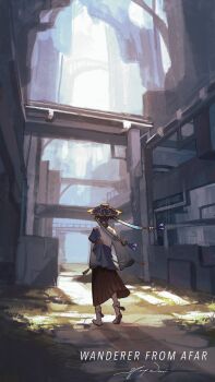 1boy blue_sash boots d_ying5022 english_text facing_away from_behind full_body genshin_impact hat highres japanese_clothes jingasa long_sleeves male_focus sash scaramouche_(genshin_impact) shirt short_hair sleeves_past_fingers sleeves_past_wrists solo tassel twitter_username wanderer_(genshin_impact) white_boots white_shirt