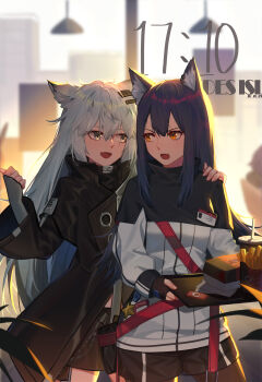 Rule 34 | 2girls, absurdres, animal ears, arknights, black hair, fast food, food, grey eyes, grey hair, highres, jacket, lappland (arknights), multiple girls, name tag, pantyhose, texas (arknights), thighs, xtears kitsune, yellow eyes