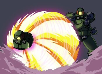 Rule 34 | battle, choukyuu haou den'eidan, fighting stance, g gundam, gundam, gundam wing, kin-san (sasuraiga), leo (mobile suit), mecha, mobile suit, no humans, parody, robot, science fiction, smoke, spinning, standing