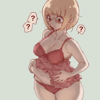 1girl ? bags_under_eyes belly belly_grab blonde_hair bra breasts cleavage dilated_pupils frills green_background green_eyes hands_on_own_stomach highres keuma lingerie medium_breasts navel negligee original panicking panties pink_bra pink_panties plump short_hair simple_background solo spoken_question_mark standing sweat underwear weight_conscious wide-eyed