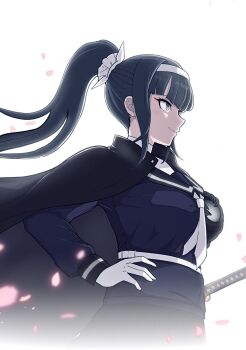 1girl belt black_cape black_eyes black_sailor_collar cape closed_mouth commentary english_commentary floating_hair gloves hand_on_own_hip highres long_hair magadori_kyoshika neckerchief petals ponytail sailor_collar simple_background smile solo soshu_(soshuscribbles) sword the_hundred_line_-last_defense_academy- weapon white_background white_belt white_gloves white_neckerchief