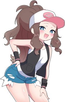 1girl absurdres baseball_cap black_vest blue_eyes blush brown_hair cutoffs denim denim_shorts exposed_pocket hand_on_own_hip hat high_ponytail highres hilda_(pokemon) jburtenmm26 long_hair looking_at_viewer nintendo open_clothes open_vest poke_ball_print pokemon pokemon_black_and_white ponytail shirt shorts sidelocks smile smug thighs vest watch white_shirt wristband wristwatch