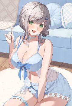 1girl babydoll blue_babydoll blue_shorts breasts cleavage couch frilled_thigh_strap green_eyes grey_hair hair_ornament hairclip hand_between_thighs highres hololive indoors large_breasts looking_at_viewer mikumineko mole mole_on_breast navel open_mouth shirogane_noel shirogane_noel_(9th_costume) shorts solo thigh_strap