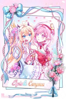 Rule 34 | 2girls, absurdres, ahoge, artist request, beret, black horns, blonde hair, blue eyes, bouquet, breasts, character name, chinese commentary, cleavage, commentary request, commission, diamond-shaped pupils, diamond (shape), dress, elf, elysia (hi love elf) (honkai impact), elysia (honkai impact), flower, hair flower, hair ornament, hat, heart, heart ahoge, heart hair ornament, highres, holding, holding heart, honkai (series), honkai impact 3rd, horns, hug, large breasts, long hair, multicolored hair, multiple girls, original, pink flower, pink hair, pink rose, pointy ears, purple eyes, red dress, rose, second-party source, symbol-shaped pupils, two-tone dress, two-tone hair, very long hair, watermark, white dress, white hair