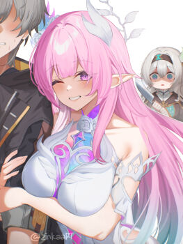 Rule 34 | 2girls, arm cutout, artist name, bare shoulders, black hairband, black jacket, blue eyes, blush, caelus (honkai: star rail), clenched teeth, clothing cutout, commentary, cyrene (honkai: star rail), cyrene (ripples of past reverie) (honkai: star rail), english commentary, firefly (honkai: star rail), grey hair, hairband, holding, honkai: star rail, honkai (series), jacket, jealous, long hair, looking at another, looking at viewer, multiple girls, one eye closed, parted lips, pink eyes, pink hair, pointy ears, shaded face, sidelocks, simple background, smile, teeth, trailblazer (honkai: star rail), very long hair, white background, yandere, zinkaa