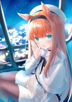 1girl absurdres animal_ears beret black_choker black_hairband black_pantyhose blue_eyes blush capelet choker commentary dress ferris_wheel green_eyes hairband hat highres horse_ears horse_girl long_hair long_sleeves looking_at_viewer open_mouth orange_hair pantyhose sasaminiku_(chickenbstrips) silence_suzuka_(umamusume) smile solo symbol-only_commentary umamusume white_capelet white_dress