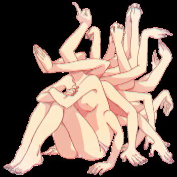 animated animated_gif barefoot breasts chromatic_aberration crossed_arms eldritch_abomination extra_arms full_body headless lowres medium_breasts middle_finger nipples panties praying solo surreal too_many topless_female transparent_background underwear what white_background