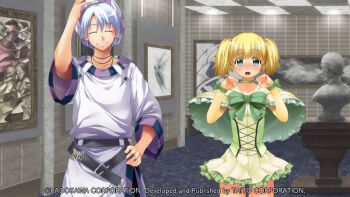 1boy 1girl ^_^ aleph_coulson art_gallery atelier-moo belt black_belt blonde_hair blush bow breasts bridal_gauntlets capelet choker clenched_hands clenched_teeth closed_eyes collarbone company_name copyright_notice corset cowboy_shot elbow_gloves embarrassed game_cg gloves green_bow green_capelet green_choker green_eyes green_shirt grey_pants hair_between_eyes hand_on_own_hat hand_on_own_hip hands_up hat indoors key large_variant_set long_shirt looking_at_viewer maria_short medium_hair miniskirt non-web_source official_art open_mouth painting_(object) pants picture_frame purple_hat purple_shirt shirt short_hair short_twintails skirt small_breasts smile standing statue strapless strapless_shirt striped_hat surprised tareme teeth thighs three-quarter_sleeves tile_wall tiles twintails variant_set white_hair wide-eyed yellow_gloves yuukyuu_gensoukyoku yuukyuu_gensoukyoku_revival