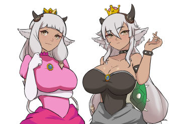 Rule 34 | 2girls, absurdres, alternate costume, animal ears, arm under breasts, ash (fire emblem), bare arms, bare shoulders, black choker, black dress, black horns, blunt bangs, bowsette, bowsette (cosplay), bracelet, breasts, brooch, brown eyes, choker, cleavage, closed mouth, collarbone, commentary, cosplay, cow ears, cow horns, cow tail, crossover, dark-skinned female, dark skin, dress, elbow gloves, english commentary, fire emblem, fire emblem heroes, gloves, grey hair, hair between eyes, hand up, highres, horns, huge breasts, in2naps, jewelry, large breasts, long hair, looking at viewer, mario (series), meliai (fire emblem), multiple girls, nintendo, pink dress, princess peach, princess peach (cosplay), smile, spiked bracelet, spiked choker, spikes, tail, white background, white gloves