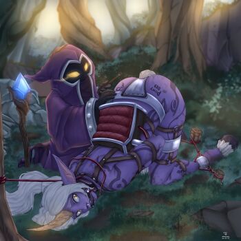 Rule 34 | 1boy, 1girl, absurdres, anal, anal object insertion, bdsm, black gloves, bondage, bound, colored skin, commentary, english commentary, gloves, glowing, glowing eyes, grass, hetero, highres, holding, hooves, horns, league of legends, long hair, minion (league of legends), object insertion, pointy ears, purple skin, single horn, soraka (league of legends), staff, tatatsumak, top-down bottom-up, tree, white hair, wide sleeves, yellow eyes