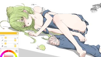 1girl ahoge barefoot blush flat_chest green_hair groin highres loli long_hair off_shoulder original overalls simple_background solo thighs white_background yoru_uyo