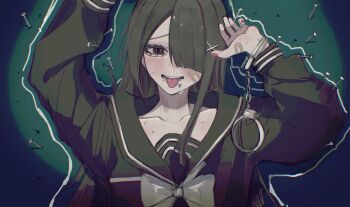 1girl absurdres ame-chan_(needy_girl_overdose) ame-chan_(school_uniform)_(needy_girl_overdose) arm_over_head arm_over_shoulder bandage_on_face bandages black_hair black_serafuku blunt_bangs blush bow bowtie chalk_outline collarbone commentary_request cuffs hair_ornament hair_over_one_eye handcuff_dangle handcuffs highres long_hair long_sleeves looking_at_viewer lying multiple_monochrome nail_(hardware) neck_ribbon needy_girl_overdose official_alternate_costume on_back on_floor open_mouth out_of_frame outline pao_(i_loxe_u) pink_nails ribbon school_uniform serafuku single_handcuff smile solo spotlight sweat tongue tongue_out upper_body white_outline x_hair_ornament