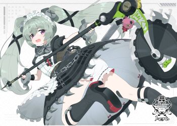 1girl absurdres animal_bag apron bear_bag black_dress black_nails black_shoes chain circular_saw commentary_request copyright_name corin_wickes dotted_background dress green_hair grey_background hair_between_eyes highres holding_saw leg_up long_hair looking_back maid maid_apron maid_headdress matsumoto_tomoyohi metal_wrist_cuffs open_mouth purple_eyes saw screw_hair_ornament shoes short_eyebrows shorts solo thick_eyebrows twintails white_apron white_shorts zenless_zone_zero