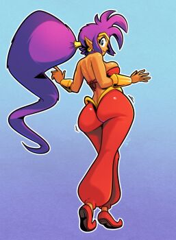 1girl absurdres bandeau big_hair blue_eyes bouncing_ass breasts dark-skinned_female dark_skin earrings genie harem_pants highres hoop_earrings jewelry long_hair medium_breasts pants pointy_ears pointy_shoes purple_hair red_bandeau roboticsteve shantae shantae_(series) shoes solo tiara vambraces very_long_hair