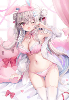 1girl ;d animal_ear_legwear animal_ears bare_shoulders blue_bow blue_hair blue_nails blurry blurry_background blush bow bow_bra bow_panties bra braid breasts cleavage collarbone commentary_request commission curtains depth_of_field double_bun fake_animal_ears fang grey_hair hair_bow hair_bun hairband hand_up heart heart-shaped_pillow large_breasts long_hair looking_at_viewer multicolored_hair nail_polish navel off_shoulder one_eye_closed open_clothes open_mouth open_shirt original panties pillow pink_bra pink_hairband pink_panties pink_ribbon pixiv_commission rabbit_ears red_eyes retsuto ribbon shirt side-tie_panties smile solo stuffed_animal stuffed_rabbit stuffed_toy thighhighs two-tone_hair underwear very_long_hair white_shirt white_thighhighs