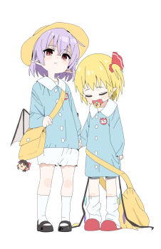 2girls :< absurdres aged_down alternate_costume arm_at_side bag bag_charm bat_wings black_shoes blonde_hair bloomers blouse blue_shirt blush bob_cut buttons cameo character_charm character_name charm_(object) child closed_eyes closed_mouth collared_shirt crossbody_bag dot_nose fang fang_out flandre_scarlet full_body hakurei_reimu hat height_difference highres holding_hands holding_strap kindergarten_uniform kneehighs long_shirt long_sleeves loose_socks low_wings mangpum_(taro109210) mary_janes multicolored_wings multiple_girls name_tag one_side_up pacifier pointy_ears purple_hair red_eyes red_slippers remilia_scarlet satchel school_hat shirt shoes short_hair shorts siblings side-by-side sisters sleepy slippers slit_pupils socks standing touhou u_u underwear white_background white_bloomers white_shorts white_socks wings yellow_bag yellow_hat yukkuri_shiteitte_ne
